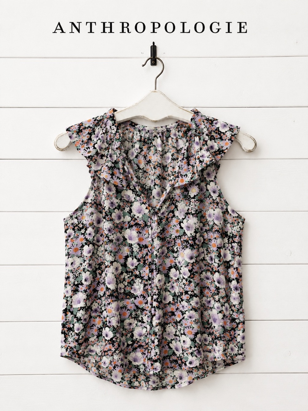 ANTHROPOLOGIE Floral Ruffle Sleeve Blouse Size L